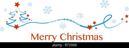 Weihnachtsbaum, Grußkarte. Frohe Weihnachten mit schneebedeckten Tannen und Sterne im Himmel und auf dem Baum. Fallende Schneeflocken Stock Vektor