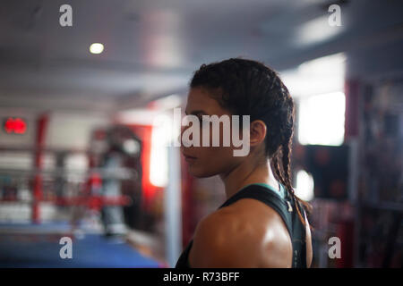 Weibliche Boxer in der Turnhalle Stockfoto