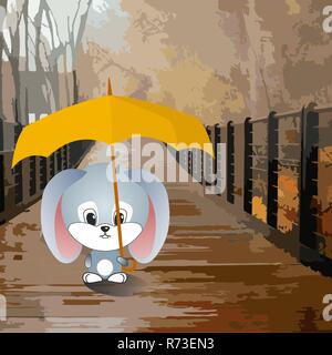 Cartoon traurige Kaninchen mit Regenschirm Verstecken von Karotten