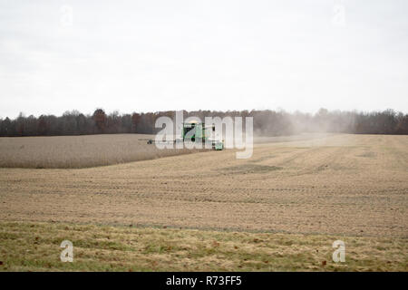 Ein John Deere Ernten von Mais auf einem grauen Tag. Stockfoto