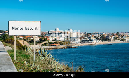 Zeichen Eingang zum Resort Küstenstadt Monte Estoril, in der Nähe von Lissabon, Portugal. Stockfoto