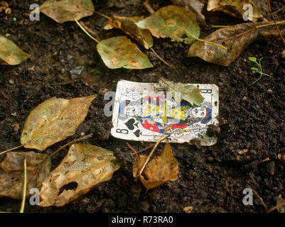 Playing Card im Schlamm auf dem Boden liegt, Moskau Stockfoto