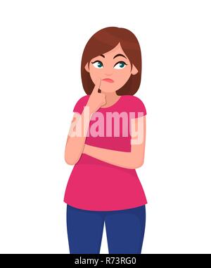 Junge Frau denken, die Finger auf Gesicht und nach oben blicken. Das Konzept der Wahrnehmung und Reflexion. Vector Illustration im Cartoon Stil. Stock Vektor