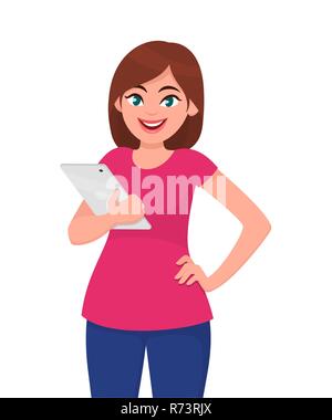 Junge Frau angezeigt/holding leere Registerkarte oder Tablet-PC. Moderne Technik lifestyle Konzept Abbildung in Vektor Cartoon Stil. Stock Vektor