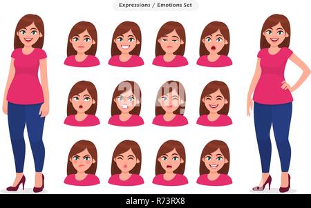 Einstellen der weiblichen Gesichtsausdruck. Sammlung von Emotionen der Mädchen/Frau. Konzept Abbildung in Vektor Cartoon Stil. Stock Vektor