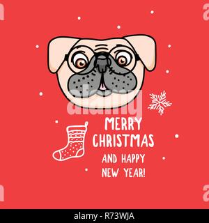Vektor Französische Bulldogge Charakter mit Brille. Frohe Weihnachten. Karte mit niedlichen Hund Kopf rot, isoliert. Urlaub hand Design gezeichnet Stock Vektor
