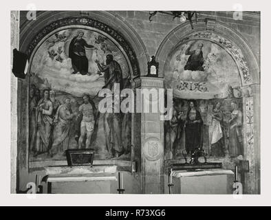 Umbrien Terni Ferentillo S. Maria, dies ist mein Italien, die italienische Land der visuellen Geschichte, Allgemeine Ansichten der Stadt und der Basilika Kirche mit ihren hohen, spitzen Campanile. Die Kirche hat eine schlichte Fassade. Innenraum hat etwas Spitzbögen und eine Holzdecke. Es gibt nur wenige Bilder. Ein großes Fresko stellt eine Reihe von weiblichen Märtyrer. Gemälde erscheinen vom späten Mittelalter bis Renaissance getan worden zu sein. Stockfoto