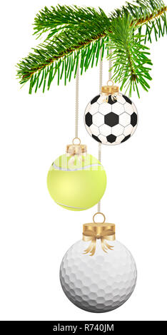 Golf, Fußball und Tennis christmas ball hängen an der Tanne Zweig, Weihnachtskarte Stockfoto