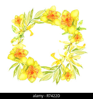 Ostern Kranz mit gelben Forsythia. Platz Grenze. Aquarell Bild auf weißem Hintergrund. Stockfoto
