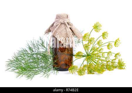 Dills ätherisches Öl in der pharmazeutischen Fläschchen. Auf weissem Hintergrund. Stockfoto
