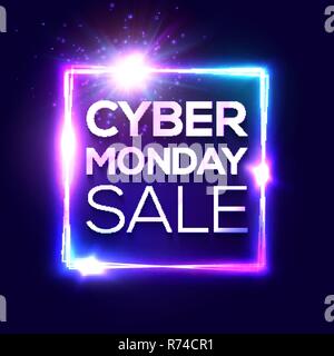 Cyber Monday Textbeschriftung in Neon style auf dunkelblauem Hintergrund. Quadratische Hintergrund mit abstrakten leuchtet und funkelt. Rabattkarte für Internet online Einkaufen. Bunte verkauf Vector Illustration. Stock Vektor