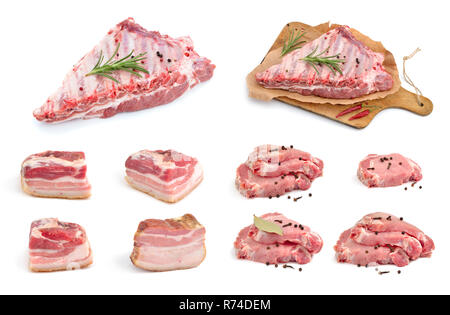 Nicht gegartem Fleisch auf weißem Hintergrund. Eingestellt. Stockfoto