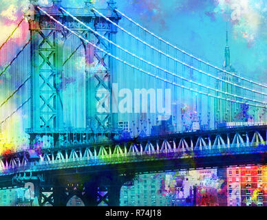 Farbenfrohe Malerei. Manhattan Bridge. New York Downtown. Empire State Building Stockfoto