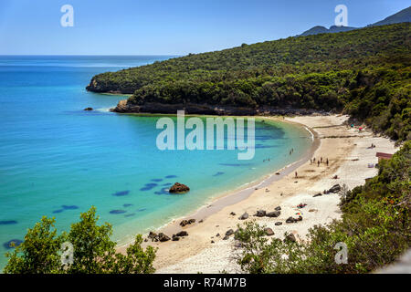 Touristen und Einheimische Spaß in einen leeren Strand mit blauem Wasser und keine Wellen mit grünem Wald um es in einem blauen Himmel Tag, Portugal Stockfoto