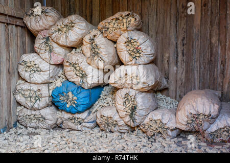 Maiskolben Tasche Landwirtschaft/Dünger Beutel von maisstängeln Pile im barnyard Bauernhof Ernte von Mais Mühle Stockfoto