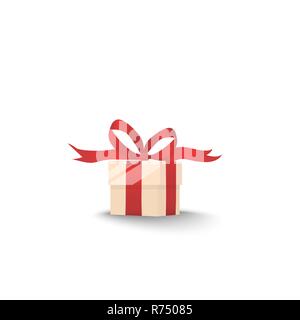 Geschenkbox mit roter Schleife und Farbband mit Schatten auf weißem Hintergrund isoliert. Auf einen Urlaub Symbol, Objekt, Zeichen Stock Vektor