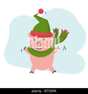 Schwein springen in grüne Mütze und Schal isoliert auf einem weißen Hintergrund. niedlich Bauernhof Tiere Schweine Comicfigur Symbol Weihnachten und neues Jahr 2019 Stock Vektor