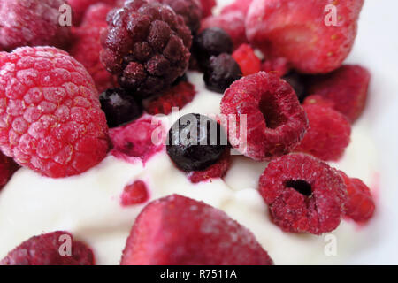 Eine Gruppe von gefrorenen Beeren (Himbeeren, Brombeeren, Blaubeeren und Erdbeeren) auf yoogurt. Stockfoto