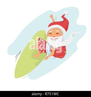 Santa auf Surfboard mit Geschenken im Rucksack über weiß Zeichentrickfigur Santa Claus. Frohe Weihnachten und ein glückliches Neues Jahr Hintergrund isoliert Stock Vektor