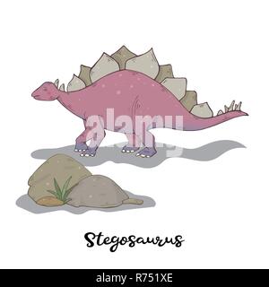 Stegosaurus und Stein mit Anlage auf einem weißen Hintergrund isoliert. Wilde Kreatur predator. Dinosaurier. Reptil Tier. Jurassic Charakter Stock Vektor