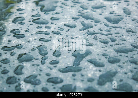 Wasser nach dem Regen auf Glänzte in schwarzem Marmor Textur, große Wassertropfen auf schwarzem Marmor in Morgen Stockfoto