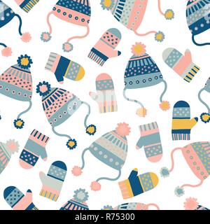 Die nahtlose Vektor Hintergrund mit Mützen und Handschuhe. Muster Fliesen mit gestrickten Wintersachen in Rosa und Blau. Winter tragen Design, skandinavischen Stil. Verwenden Sie für Papier, Banner, Karten, Poster, fabric Stock Vektor