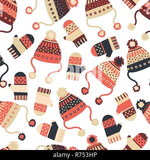 Die nahtlose Vektor Hintergrund mit Mützen und Handschuhe. Muster Fliesen mit gestrickten Wintersachen in Rot und Blau. Winter tragen Design, skandinavischen Stil. Verwenden Sie für Papier, Banner, Karten, Poster, fabric Stock Vektor
