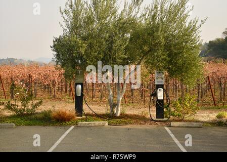 Zeichen & elektrische Fahrzeug Ladestation mit ausgewiesenen EV Parkplätze, im Weingut Quivira Vineyards, in Healdsburg, CA, USA Stockfoto