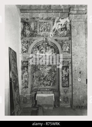 Umbrien Perugia Norcia Madonna della Neve, dies ist mein Italien, die italienische Land der Geschichte und der Ausblick auf die umliegende Landschaft Blick nach außen mit Details Hauptstädte Innenansichten von achteckigen Kuppel, Altäre und Details, die Fresken von der Angelucci Brüder Stockfoto