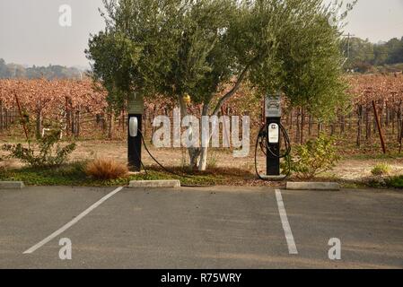 Zeichen & elektrische Fahrzeug Ladestation mit ausgewiesenen EV Parkplätze, im Weingut Quivira Vineyards, in Healdsburg, CA, USA Stockfoto