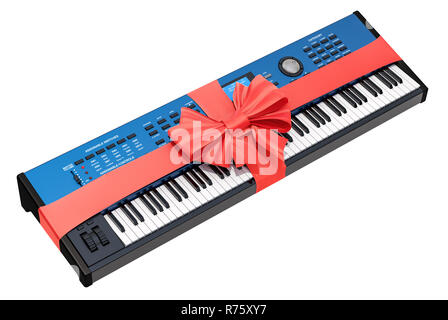 Synthesizer mit bogen und farbband, Geschenk, das Konzept. 3D-Rendering auf weißem Hintergrund Stockfoto