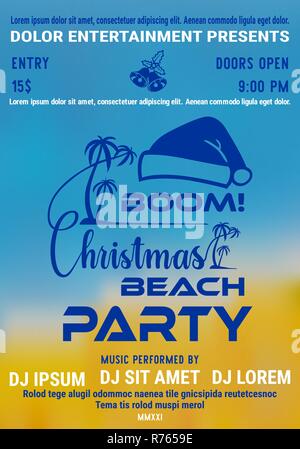 Christmas Party am Strand Poster oder Flyer Vorlage mit Palm und santas Hut auf Seashore verschwommenen Hintergrund. Vector Illustration. Stock Vektor