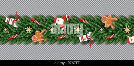 Grenze mit Weihnachtsmann, Weihnachtsbaum, Zweige, goldene Sterne, rote Raketen, Schneemann und Gingerbread Man auf transparentem Hintergrund. Vektor. Stock Vektor