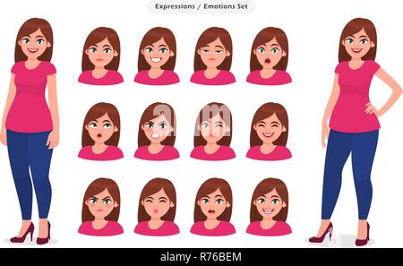 Einstellen der weiblichen Gesichtsausdruck. Sammlung von Emotionen der Mädchen/Frau. Konzept Abbildung in Vektor Cartoon Stil. Stock Vektor