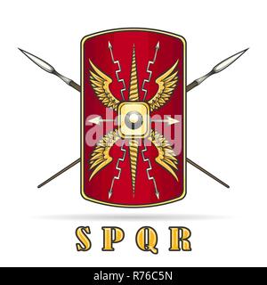 Antike römische Reich Warriour Schild und gekreuzten Speeren. Vector Illustration. Stock Vektor