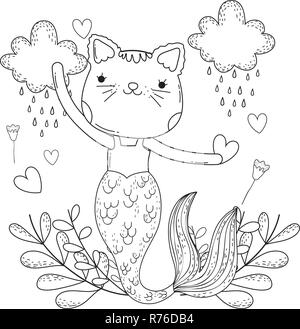 Purrmaid mit Wolken und Blumenschmuck Stock Vektor