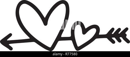 Vektor Monoline-versicherer Pfeil mit zwei Herzen. Valentines Tag Hand gezeichnet. Ferienwohnung Skizze doodle Design plant Element valentine. liebe Dekor für Web-, Hochzeits- und Drucken. Isolierte Abbildung Stock Vektor