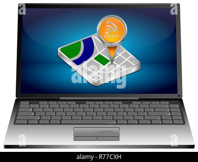 Laptop mit orange Karte Zeiger mit kostenfreiem WLAN Symbol - 3D-Darstellung Stockfoto