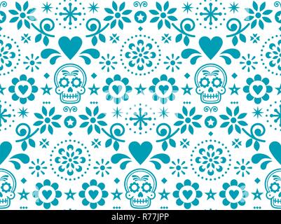 Sugar Skull Vektor nahtlose Muster von mexikanischer Volkskunst inspiriert, Dia de Los Muertos repetitive Design in Türkis auf weißem Hintergrund Stock Vektor