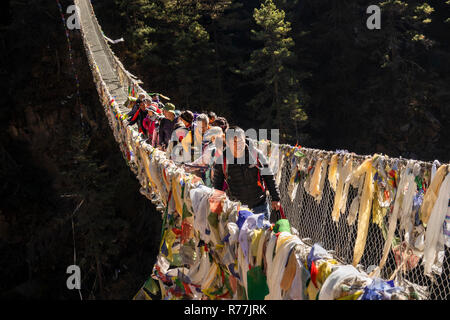 Nepal, Larja Dobhan, Gruppe der älteren japanischen Trekker Kreuzung Obere Larja Hängebrücke über Dudh Khosi Stockfoto