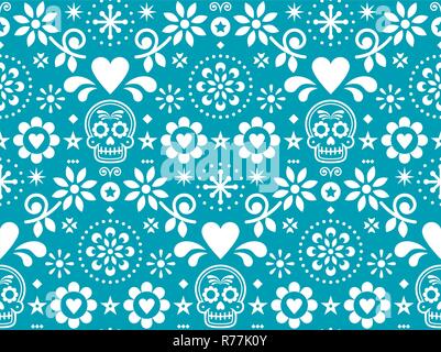 Sugar Skull Vektor nahtlose Muster von mexikanischer Volkskunst inspiriert, Dia de Los Muertos repetitive Design in Weiß auf Türkis Hintergrund Stock Vektor