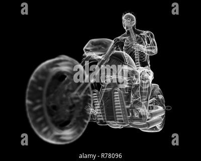 3D-gerenderte Abbildung: das Skelett von Biker. Stockfoto