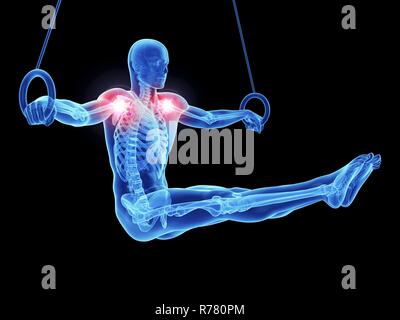 3D-Darstellung der schmerzhaften Schultern eines Athleten. Stockfoto