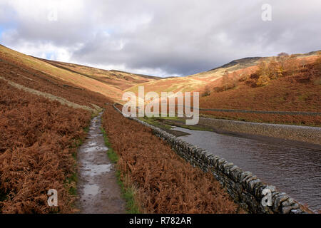 Pfad entlang Kinder Reservoir, Hayfield, Cheshire. Stockfoto