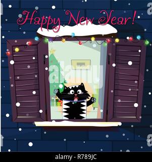 Frohes neues Jahr Grußkarte der netten lustigen Cartoon cat Charakter Schneeflocken fangen mit der Zunge auf den dekorierten Fenster mit Girlande, Tannenbaum auf dem Zimmer. Stock Vektor