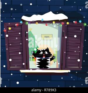 Vector Illustration der netten lustigen Cartoon cat Charakter Schneeflocken fangen mit der Zunge auf den dekorierten Fenster mit Girlande, Tannenbaum auf dem Zimmer. Merry chr Stock Vektor