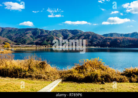 Fujikawaguchiko, Yamanashi, Japan - 29 November 2018: Herbst scenie Ansicht von Fuji Kawaguchiko Landschaft mit See und Bergen von Nagasaki Park Stockfoto