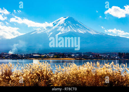 Fujikawaguchiko, Yamanashi, Japan - 29 November 2018: Herbst scenie Ansicht von Fuji Kawaguchiko Landschaft mit See und Bergen von Nagasaki Park Stockfoto