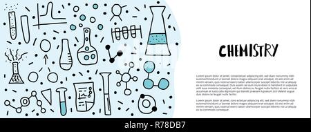 Mit chemie Objekte in Doodle style Template. Wissenschaft Forschung Symbole auf weißem Hintergrund. Vector Illustration. Stock Vektor