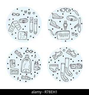 Der runde Abzeichen der Männer Zubehör in Doodle style Set. Vektor Prinzipdarstellung. Stock Vektor